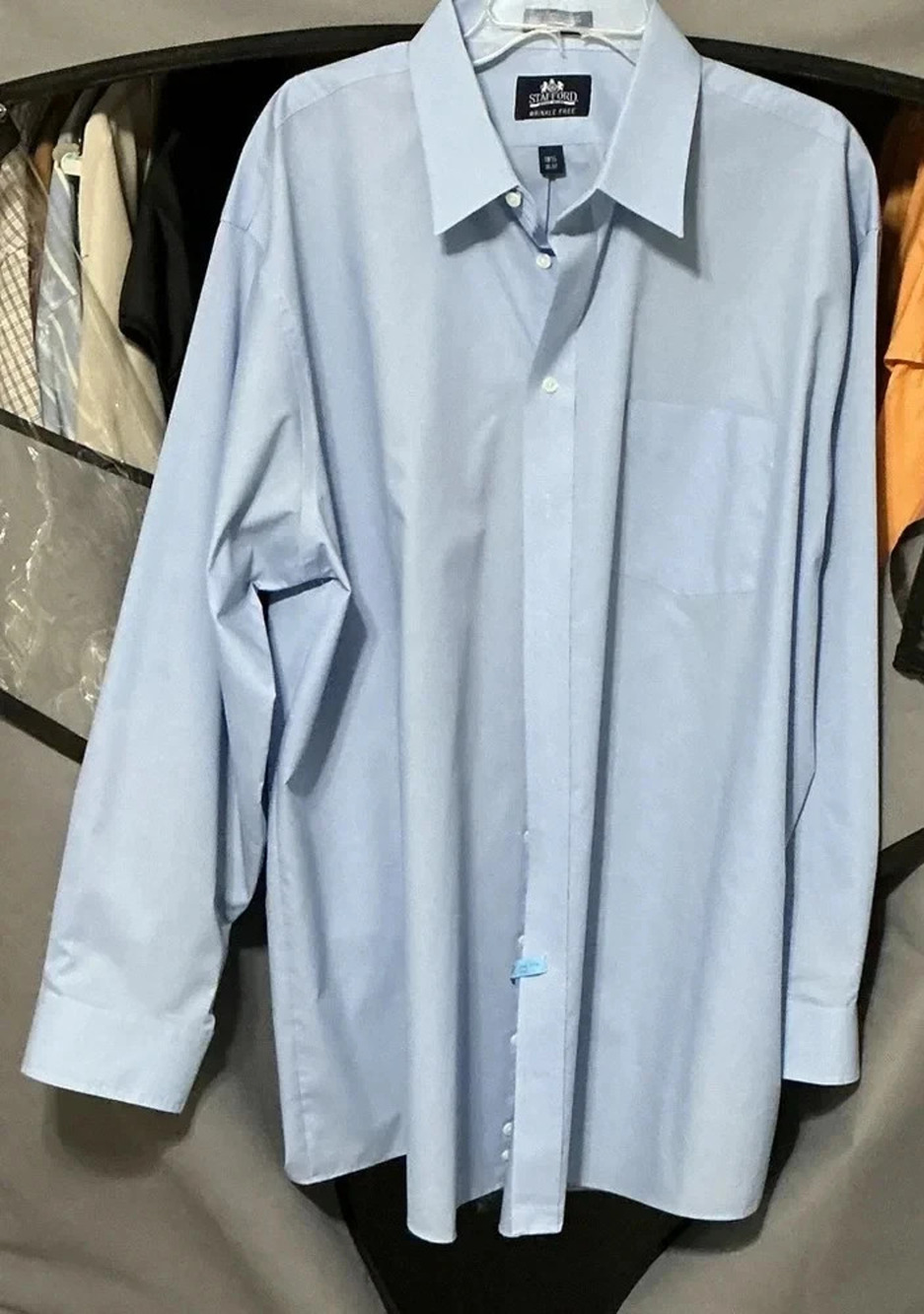 Stafford Mens Dress Shirt 18.5 36/37 Blue Solid Long Sleeve Wrinkle Free